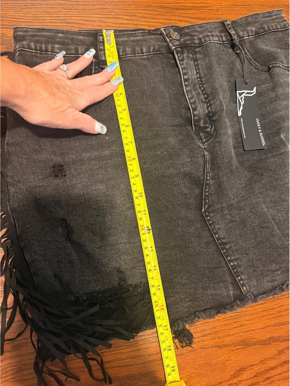 NWT Women’s Black Distressed Fringe Denim Jean Skirt XL Western Stretch - Picture 6 of 6